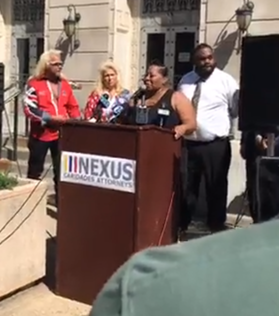 June Rodgers, mother of slain son, Christian Rodgers, speaks to reporters